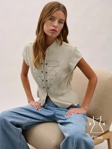 Nöista Military Button Mandarin Top, Perfect For Summer, Fall, Business Casual And Elegant. - Green - View 1