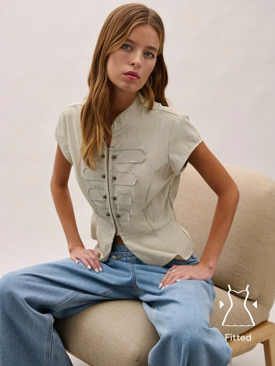 Nöista Military Button Mandarin Top, Perfect For Summer, Fall, Business Casual And Elegant. - Green - View 1