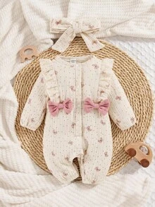 SHEIN Newborn Baby Girl Cute Bow Print Cotton Comfortable Princess Jumpsuit, Spring & Autumn Fall Winter - Apricot - View 2