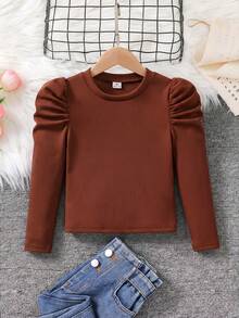 SHEIN Emery Rose Kids Camiseta de cuello redondo de manga gigot acanalada de unicolor para niñas preadolescentes - Óxido marrón - Ver 2