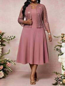 SHEIN Lady Plus Size Elegant Party Sequin Top & Dress 2 Pieces Set - Dusty Pink - View 5