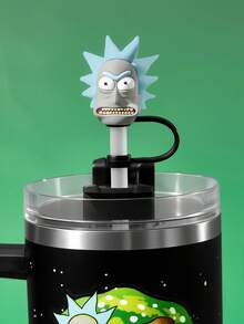 Rick and Morty X SHEIN 1個 40盎司/1200ml 平底不鏽鋼雙層真空保溫杯，杯子+1個吸管組合，適用於冷熱飲品，印有星星圖案，送給朋友的絕佳禮物 - 黑色 - 查看 2
