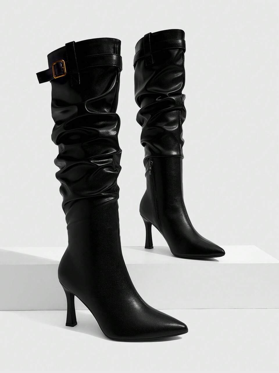 CUCCOO SZL Women Shoes Pointed Stiletto Black Pile Boots Pleated Boots Stylish Simple Sexy Nightclub Party High Boots Women's Knee Boots High Boots