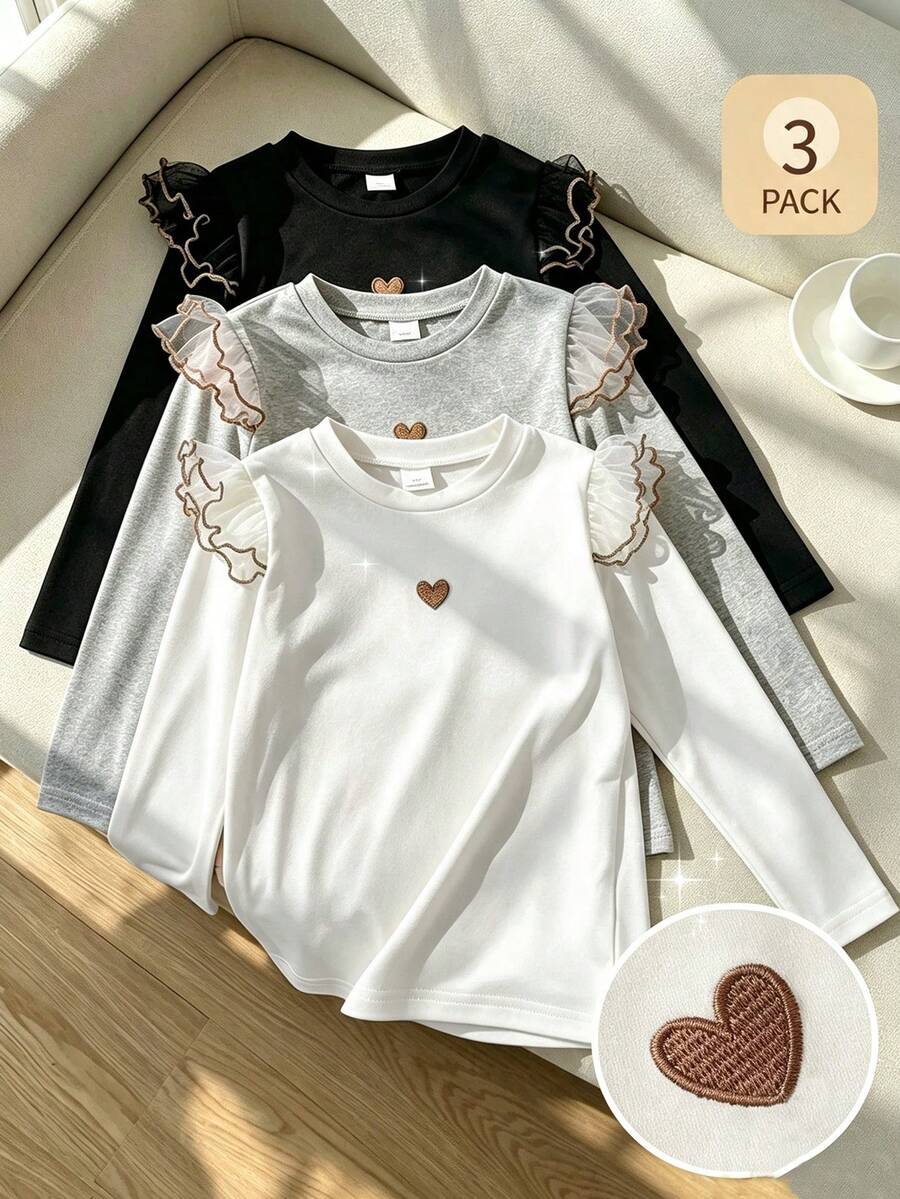 SHEIN Sparklyn 3件組女童秋冬刺繡愛心長袖T恤 幼兒女童長袖上衣 秋季上衣 白色上衣 - 彩色 - 查看 1