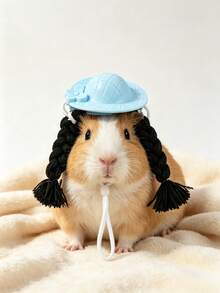 Pet Double Ponytail Helmet Hat, Mini Straw Hat Style Headwear For Small Pets, Fashion Multi-Color Hair Accessory For Hamsters, Birds, Guinea Pigs - Portable - View 3
