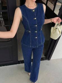 Feyla Women's Casual Commute Vest & Long Pants Denim Set Teacher Outfits For Women - Dark Wash - View 5