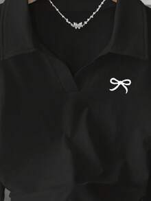 SHEIN 女款POLO領修身T恤，休閒極簡優雅風，適合日常休閒穿著，長袖上衣，春/秋季新款時尚上衣女式襯衫，蝴蝶結圖案T恤上衣 - 黑色 - 查看 4