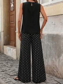 SHEIN Clasi Women's Summer Casual Solid Color Tank Top & Polka Dot Print Wide Leg Pants 2 Pieces Set - Black - View 2