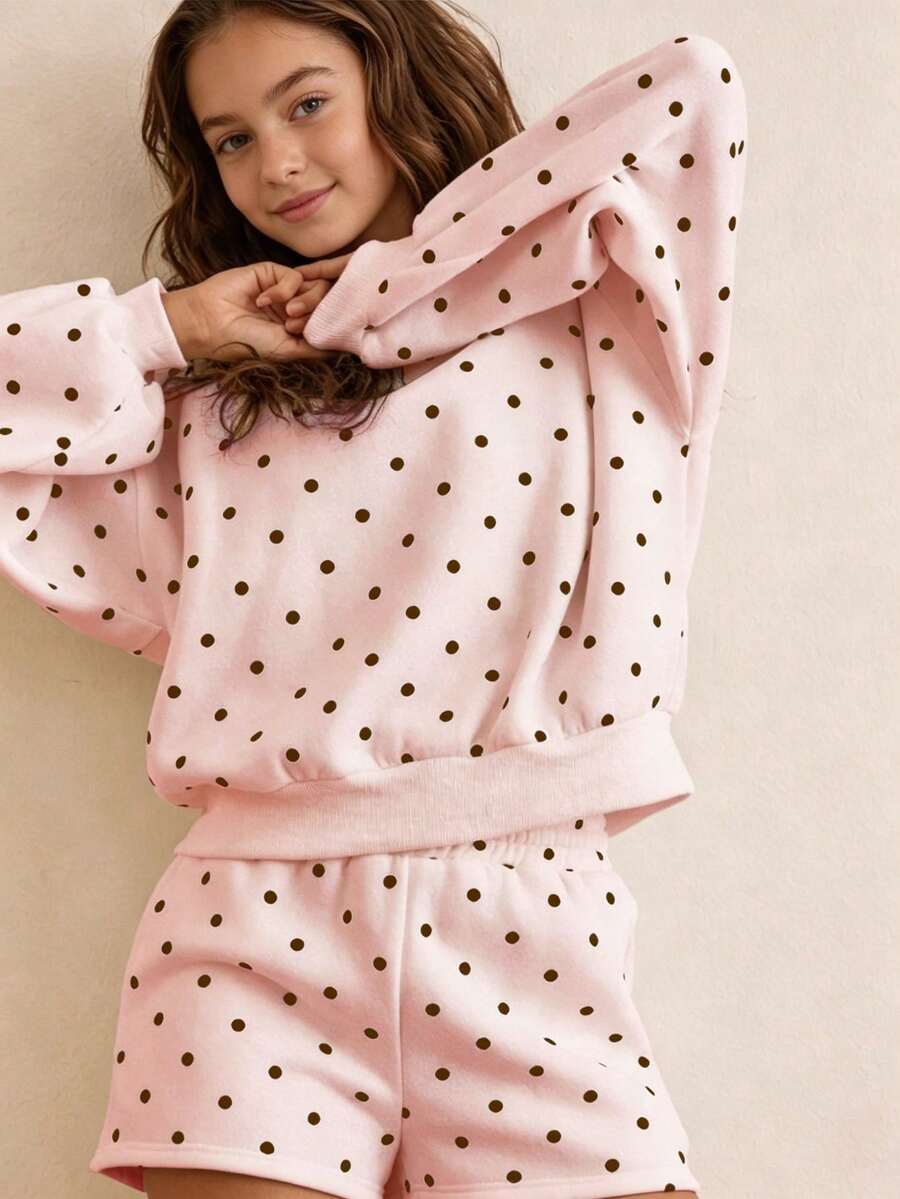 SHEIN 女童粉色波點印花運動衫套裝,秋季穿搭,寬鬆圓領運動衫+短褲,初秋,休閒可愛,度假家庭套裝 - 彩色 - 查看 1