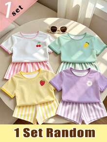 Elladie kids (Random Pattern, 1 Set Random) Girls' Cherry Lemon Flower Strawberry Pale Yellow White Vertical Stripe Pattern Short T-Shirt And Shorts Back To School - Multicolor - View 1
