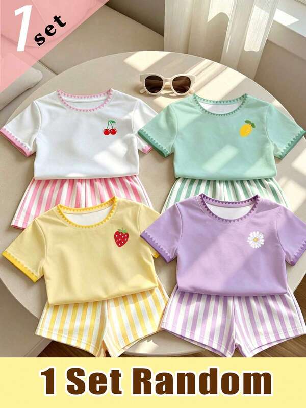 Elladie kids (Random Pattern, 1 Set Random) Girls' Cherry Lemon Flower Strawberry Pale Yellow White Vertical Stripe Pattern Short T-Shirt And Shorts Back To School