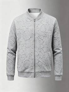 SHEIN 兒童青少年男孩休閒百搭紋理布料灰色酷感棒球夾克外套，適合通勤、上學、日常休閒外出、運動，秋冬款 - 灰色 - 查看 2