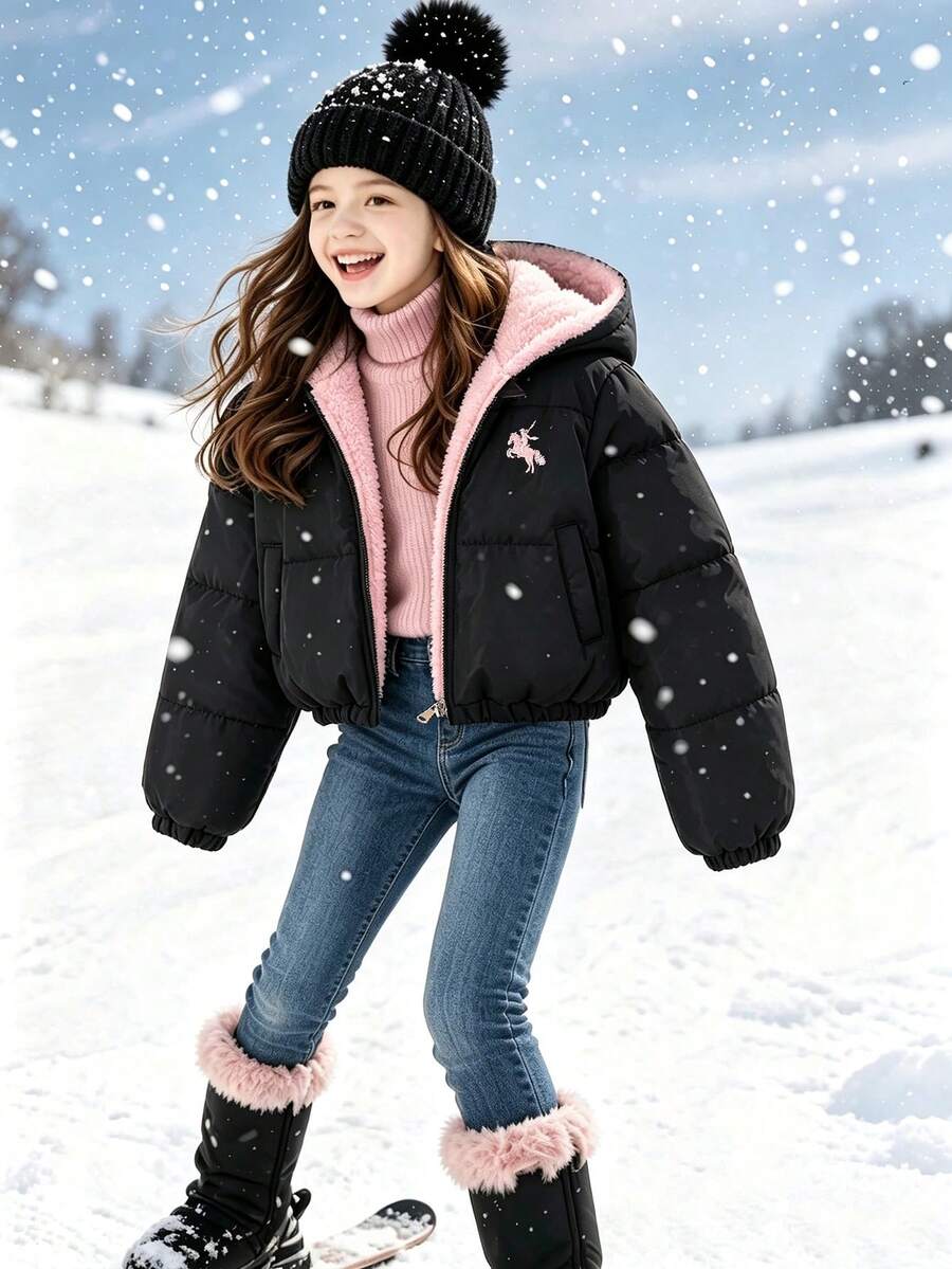 SHEIN 1件青少年女孩高腰短版修身棉墊外套,大毛領連帽,休閒秋冬外套 - 彩色 - 查看 1