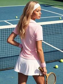 CourtClass CourtClass 女款時尚粉白配色夏季運動休閒網球衫，V領修身短袖 Polo 衫，適合高爾夫、跑步、瑜珈、運動健身上衣 - 淺粉色 - 查看 2
