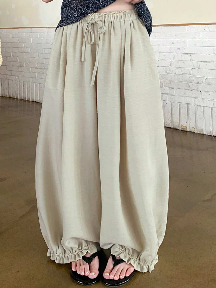 Dazy Plus Elastic Waist Solid Color Loose Lantern Pants Cropped Length Casual Vacation Spring Autumn New Long Pants - Apricot - View 1