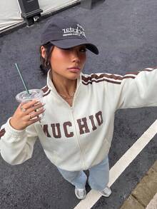 Muchica Off-White 女款字母印花休閒鄉村風寬鬆低腰街頭風 Y2K 開學季 節慶 外出 校園 畢業 夏季運動衫 - 米色 - 查看 1