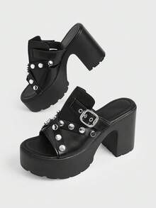 Sugerpunk Women's Punk Style Buckle Pattern Bump Nail Slip-On Design Platform Fashion High-Heeled Sandals - Black - View 3