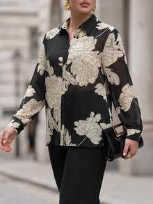 Chikora Plus Size Elegant Commuter Floral Print Blouse - Multicolor - View 8