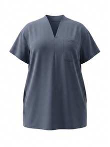 TaskEZ Dark Gray Drop Shoulder Short Sleeve Front Pocket V-Neck Loose Minimalist Comfortable Plus Size Scrub Top - Grey - View 3
