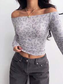 Black Off Shoulder Fitted Casual Long Sleeve Basic Base Layer T-Shirt Leopard Print - Multicolor - View 7