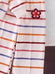 SHEIN Vintaside Kids 女嬰 2 件套，時尚可愛彩色條紋花卉仿刺繡效果印花立領拉鍊長袖運動衫外套上衣，彩色條紋花卉印花寬腿褲，柔軟面料，適合外出，秋冬季 - 彩色 - 查看 4