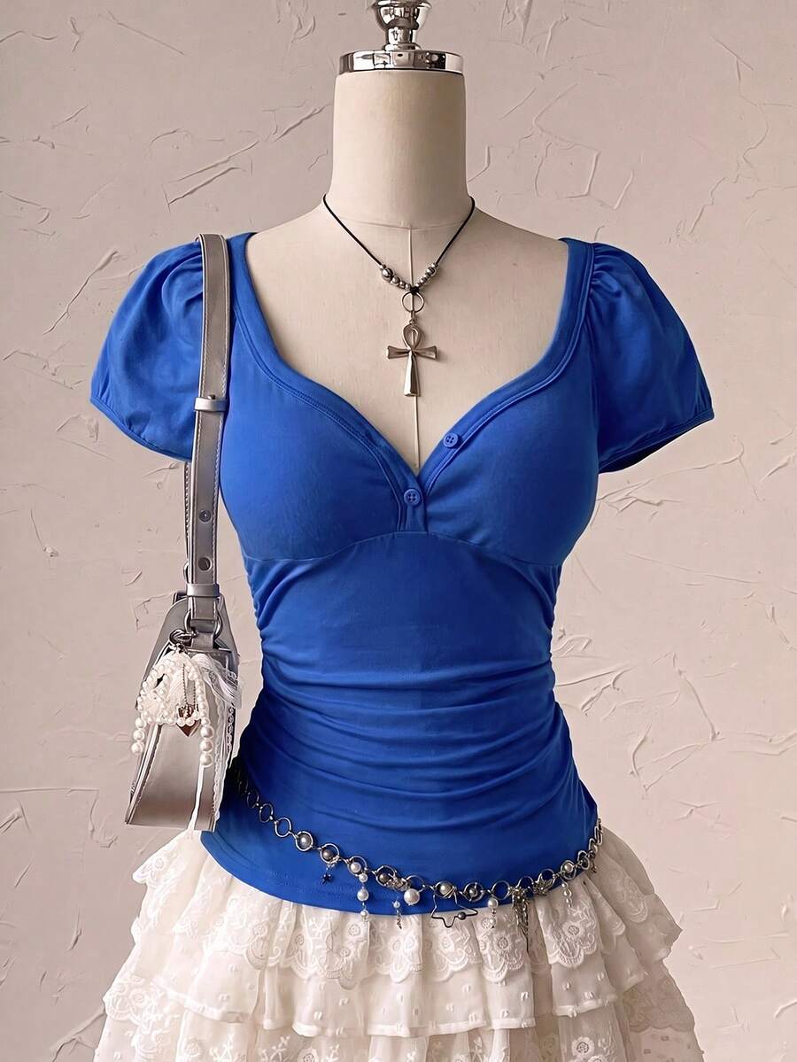 Attitoon Women's Solid Color Sweetheart Neck Short Sleeve Casual T-Shirt - Blue - View 1