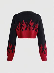 ROMWE Grunge Punk Sweater Crop Lengan Panjang Leher Bulat Berhiaskan Rhinestone dengan Motif Jacquard Api Hitam untuk Wanita - Hitam - View 2