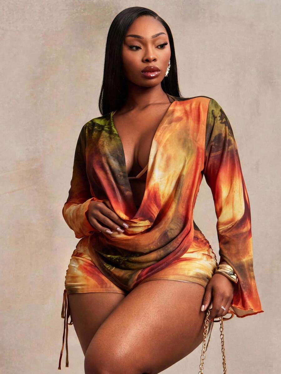 Radiana Plus Size Women's Rust Orange Marble Tie-Dye Mesh 3Pcs Set,Summer,Elegant,Vacation,Wedding Ninang,Holiday Beach Bikini Cover Up Shorts Outfit Fall - Multicolor - View 1