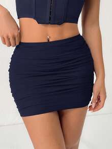 SHEIN PETITE 雙層網紗遮臀裙 海軍藍 秋季 性感 夜店外出穿搭 - 藏蓝色 - 查看 6