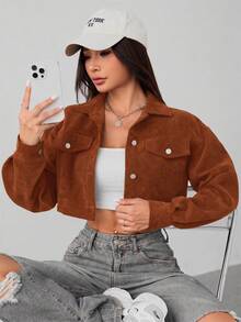 SHEIN PETITE 春季穿搭落肩翻蓋設計短版燈芯絨黑色夾克 秋冬款 - 棕色 - 查看 3