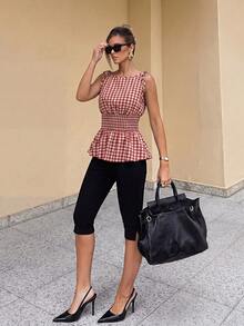 Selenza Fashionable Summer Women's New Red & White Plaid Off-Shoulder Bowknot Waist-Cinching Ruffle Hem Short Tank Top - Red - View 2