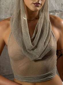 hollyjadebate Sexy Shiny Mesh Cami Top, Streetwear Style Y2k Casual Summer - Khaki - View 6