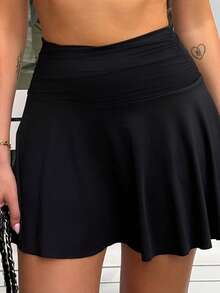 hollyjadebate Minimalist Solid Color High Waist Side Slit Sports Skort Black - Black - View 7