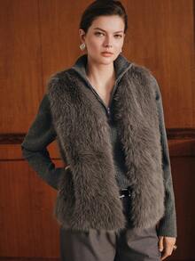 Anewsta Premium Grey Faux Fox Fur Vest, Sleeveless Pocket Plush Elegant Outerwear, Commute & Date Chic Socialite Style - Grey - View 2