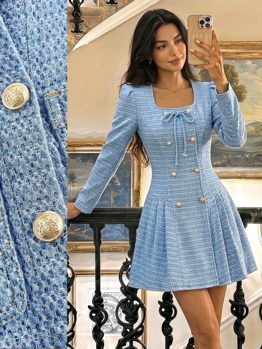 SHEIN MOD Women's Front Tie Button Design Long Sleeve Denim Dress, Elegant, Versatile, Square Neck, Party, Cute, Long Sleeve, Luxury, Mini Dress, Fall, Winter.