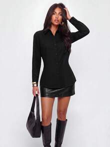 Avantive Kemeja Wanita Warna Polos, Bagian Depan Pendek, Bagian Belakang Panjang, Ikat di Depan - Hitam - View 6