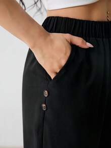 SHEIN PETITE Women Casual Commuter Plain Color Tapered Pants ,Petite Women - Black - View 5