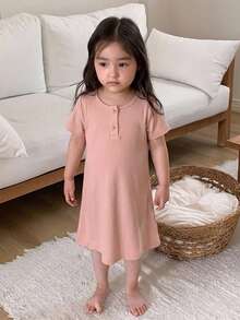 DAZY 女嬰圓領鈕扣式簡約舒適居家服幼兒 - 淺粉色 - 查看 1