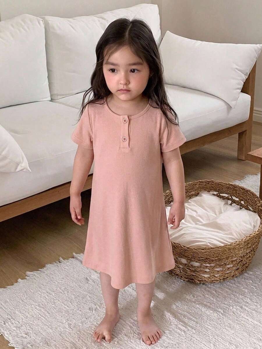 DAZY 女嬰圓領鈕扣式簡約舒適居家服幼兒 - 淺粉色 - 查看 1
