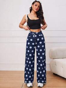 SHEIN ICON 女款波點不對稱腰線直筒休閒牛仔褲 - 藍色 - 查看 5