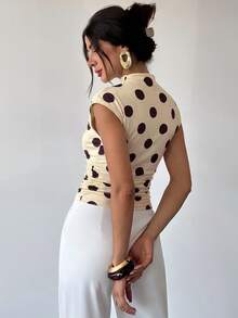 Firerie Women's Vintage Cream Polka Dot Mock Neck Sleeveless Top, Ruched Cinched Waist Elegant Inner Layer Tank - Multicolor - View 2