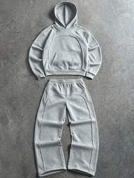 PAVTROS Conjunto de sudadera con capucha para hombre, Conjunto de sudadera con capucha para hombre, Diseño de división estructural combinado con bordado de letras minimalista, Conjunto de sudadera con capucha gris, Bordado de patchwork, Ajuste holgado, Conjunto casual de estilo callejero americano, Adecuado para salidas, desplazamientos, fotografía callejera, reuniones, viajes, uso diario, etc.