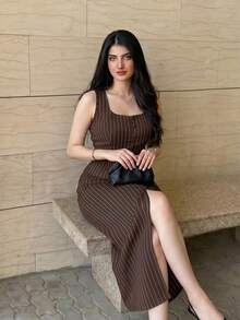 Modelyn Women's Striped Square Neck Single-Breasted Vest And Side Slit Skirt Elegant 2 Pieces Set - Coffee Brown - View 1