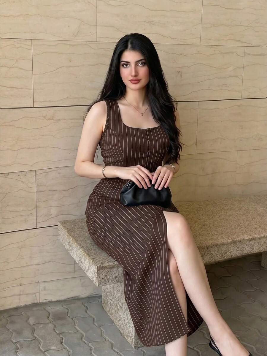 Modelyn Women's Striped Square Neck Single-Breasted Vest And Side Slit Skirt Elegant 2 Pieces Set - Coffee Brown - View 1