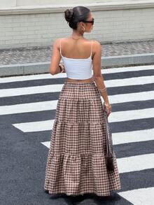Muchica Falda larga plisada a cuadros marrón para mujer - Adecuada para uso casual diario, atuendos de vacaciones, estilo Y2K, looks de vuelta a la escuela y atuendos para conciertos. - Multicolor - Ver 2