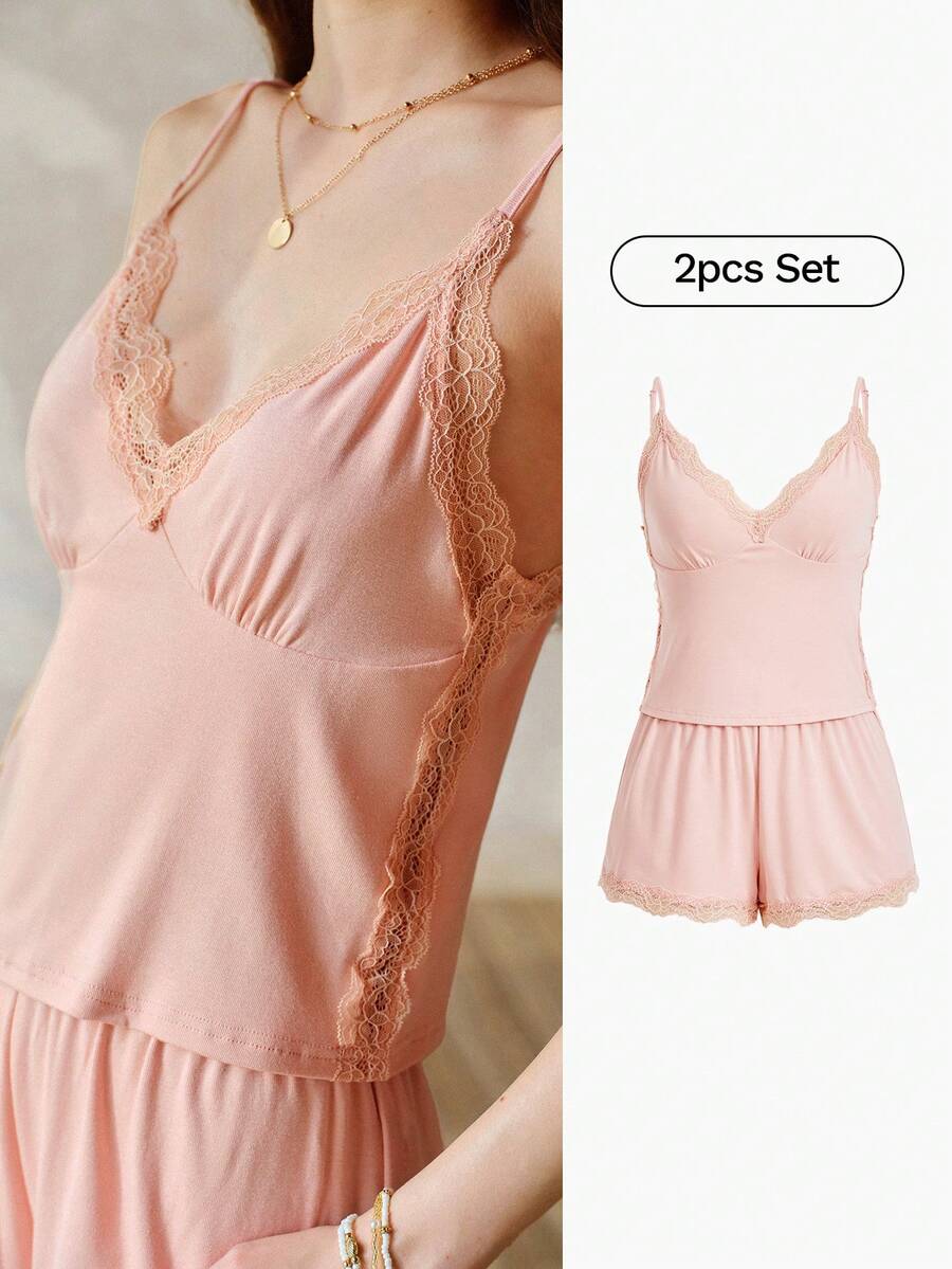 MOTF PREMIUM WOMEN'S LACE PATCHWORK CAMISOLE & SHORTS PAJAMA SET, SPRING/SUMMER - Pink - View 1