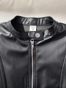SHEIN Tween女孩童秋冬黑色翻領純色PU皮革短版休閒夾克，酷街頭風運動騎行拉鍊外套，百搭開學外套 - 黑色 - 查看 6