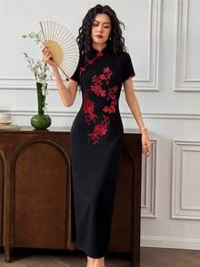 EMERY ROSE Abito elegante estivo taglie forti con ricamo floreale per invitata a matrimonio, sposa, palestra, serata, tè nero e uso quotidiano - nero - Visualizzare 5