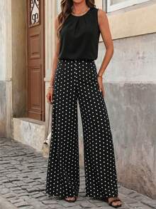 SHEIN Clasi Women's Summer Casual Solid Color Tank Top & Polka Dot Print Wide Leg Pants 2 Pieces Set - Black - View 4
