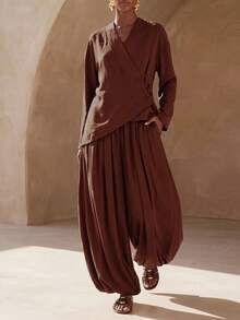Zivah Elegant Chinese Style Long Sleeve Top With Frog Button Design + Lantern Pants 2 Pieces Set - Brown - View 9